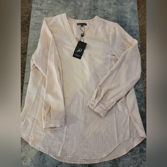 ADRIANNA PAPELL Solid Textured Stripe Long Sleeve Split Neck Tunic, Cream, Small - Picture 1 of 7